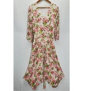 J Jill Dress Women Midi V- Neck 3/4 Sleeves Floral Elastic Waist Tie dress large